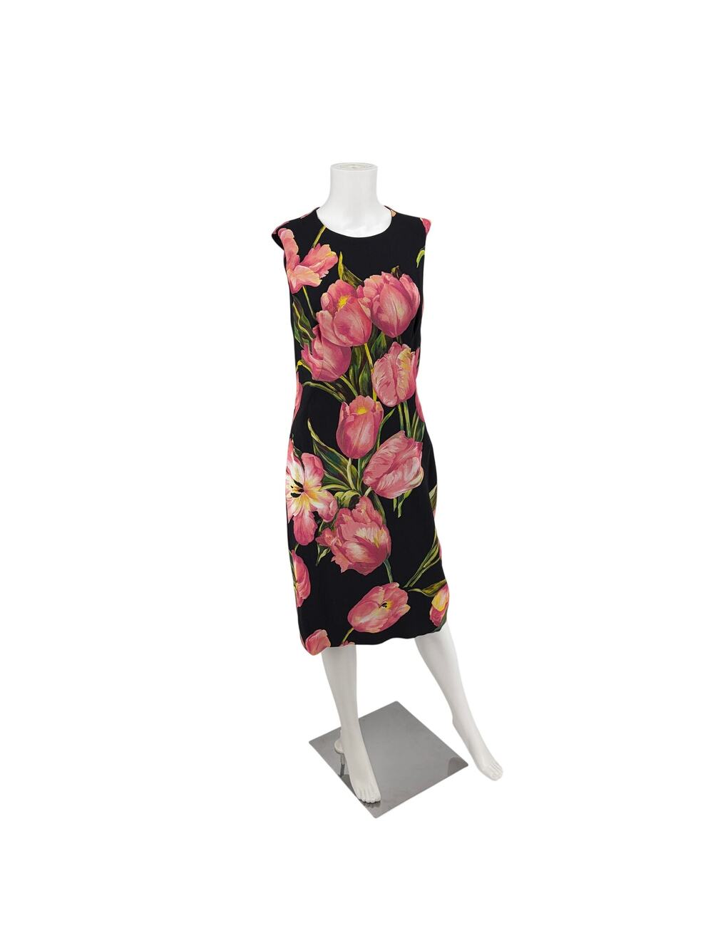 Dolce & Gabbana Black Pink Tulip Floral Silk Blend Shift Sheath Dress Luxury